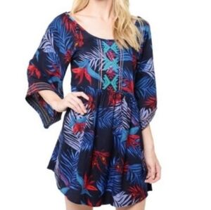 Roxy Boho Chic Kimono Long Sleeve Dress Blue Tropical Embroidery Vacation